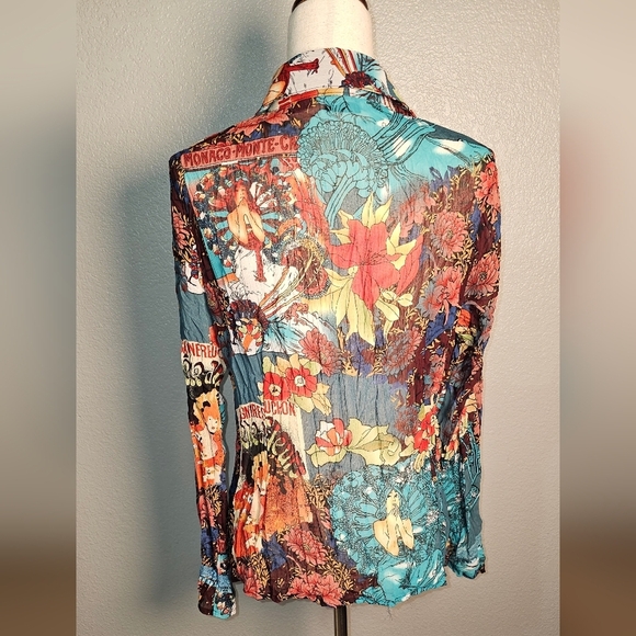 Vintage Claudia Richards Colorful Comic Print Shirt with flowy ribbons Size Lg - Picture 4 of 10